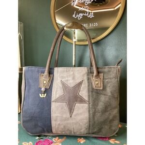 Myra Bag Leather and Canvas Tote Large Multicolor Vintage Distressed Look